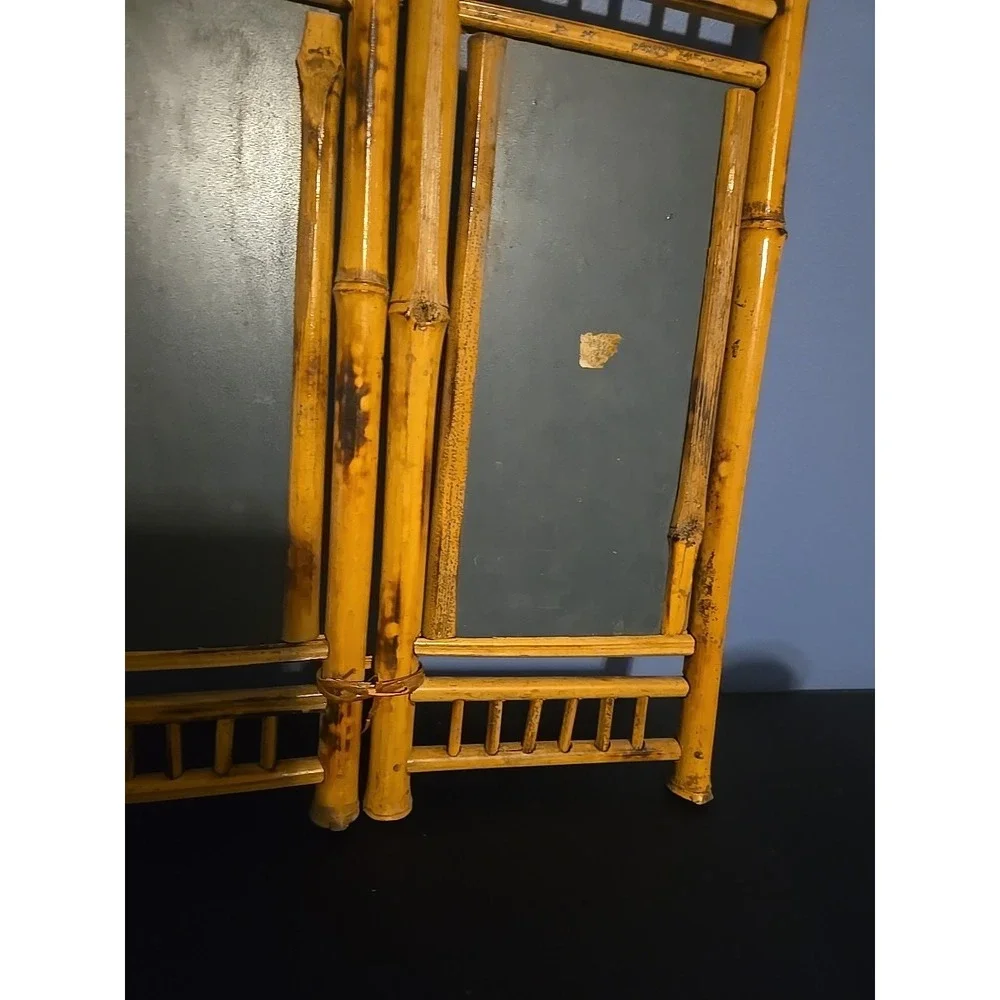 VTG Bamboo Rattan‎ Tabletop Vanity Mirror Folding 2 Sides Jewelry Holder Boho